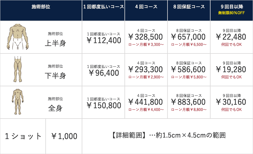 半身・全身脱毛の料金表